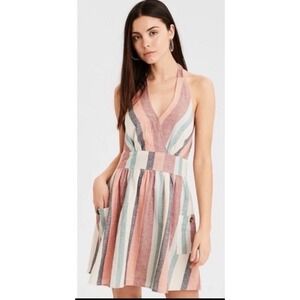American Eagle Striped Halter Mini Dress Pink Blue V-Neck Smocked Back Womens